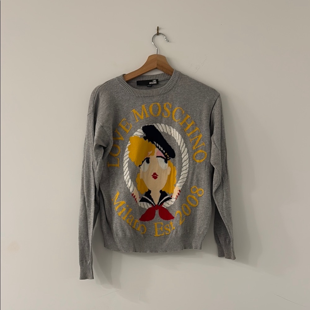 Love Moschino Gray Crewneck Sweater with Graphic Design